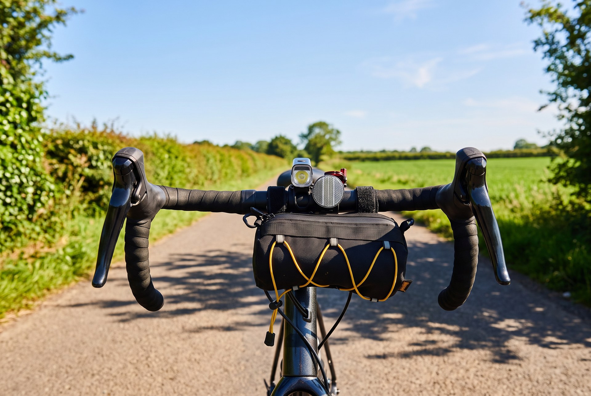 Guidon de vélo de route sur une chemin de terre campagnard en plein soleil